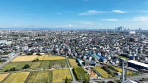 甚目寺周辺より名古屋駅方面を空撮